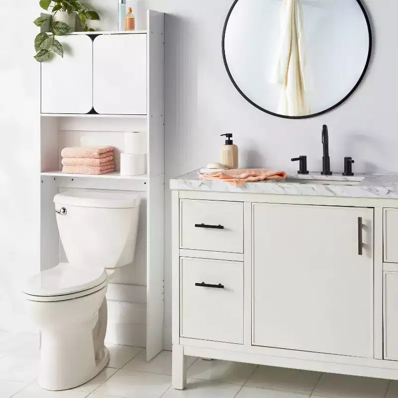 Étagère de salle de bain en stratifié, Tour de rangement de salle de bain autoportante avec étagères