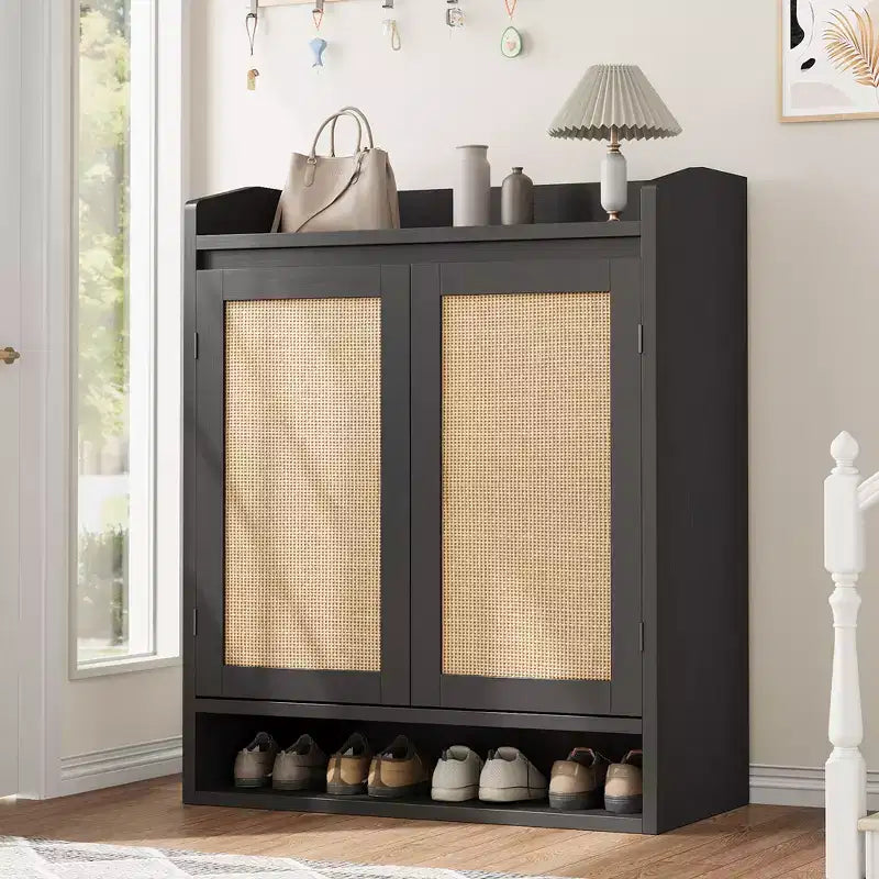 Rattan Shoe Cabinet with 2 Doors, 5-Tier Shoe Storage Cabinet with Adjustable Shelves, Wooden Shoe Storage Organizer for Entryway, Hallway, Black