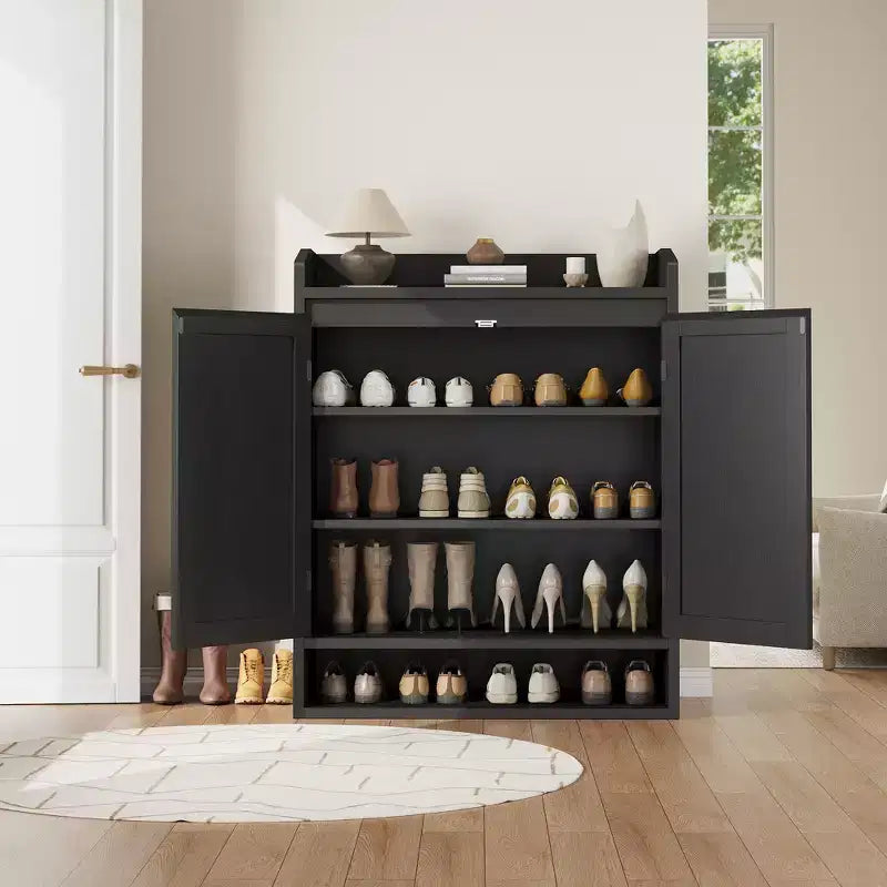 Meuble à chaussures en rotin à 2 portes, meuble de rangement pour chaussures à 5 niveaux avec étagères réglables, organisateur de rangement pour chaussures en bois pour entrée, couloir, noir
