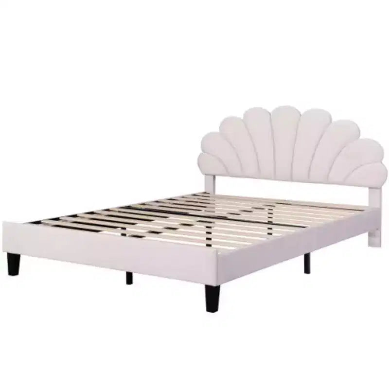 Lit plateforme capitonné Queen Size Rouge Haricot avec tête de lit florale en velours