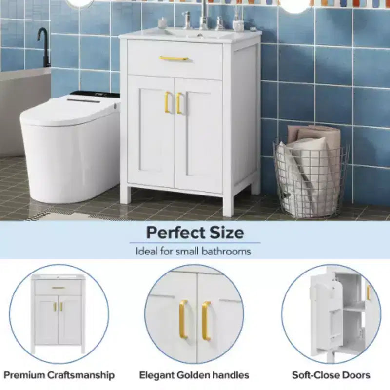 Meuble de salle de bain de 61 cm avec lavabo en céramique, coiffeuse luxueuse et peu encombrante