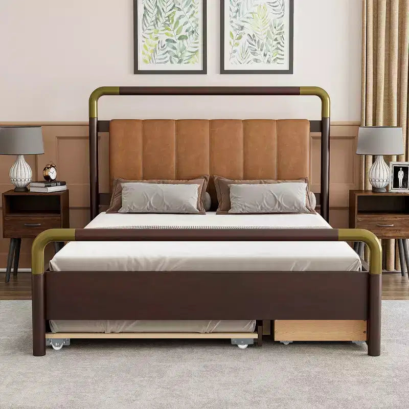 Lit plateforme de rangement Queen avec 2 tiroirs, lit gigogne T-XL et tête de lit rembourrée en PU, blanc/noyer