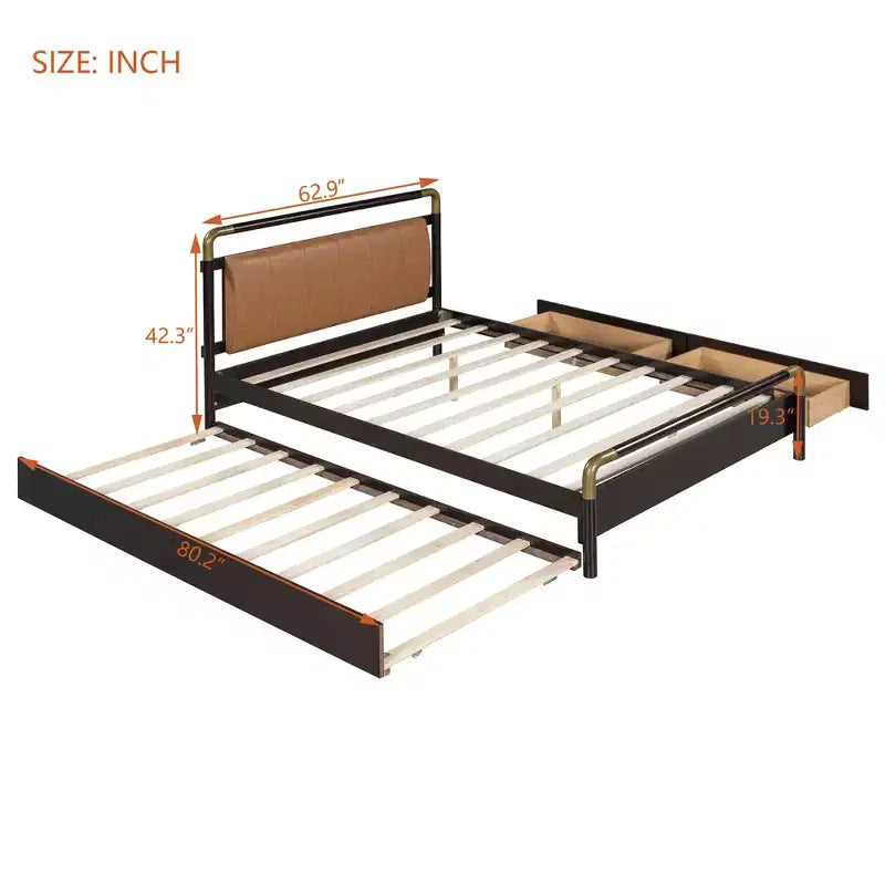 Lit plateforme de rangement Queen avec 2 tiroirs, lit gigogne T-XL et tête de lit rembourrée en PU, blanc/noyer