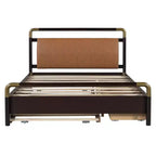 Lit plateforme de rangement Queen avec 2 tiroirs, lit gigogne T-XL et tête de lit rembourrée en PU, blanc/noyer