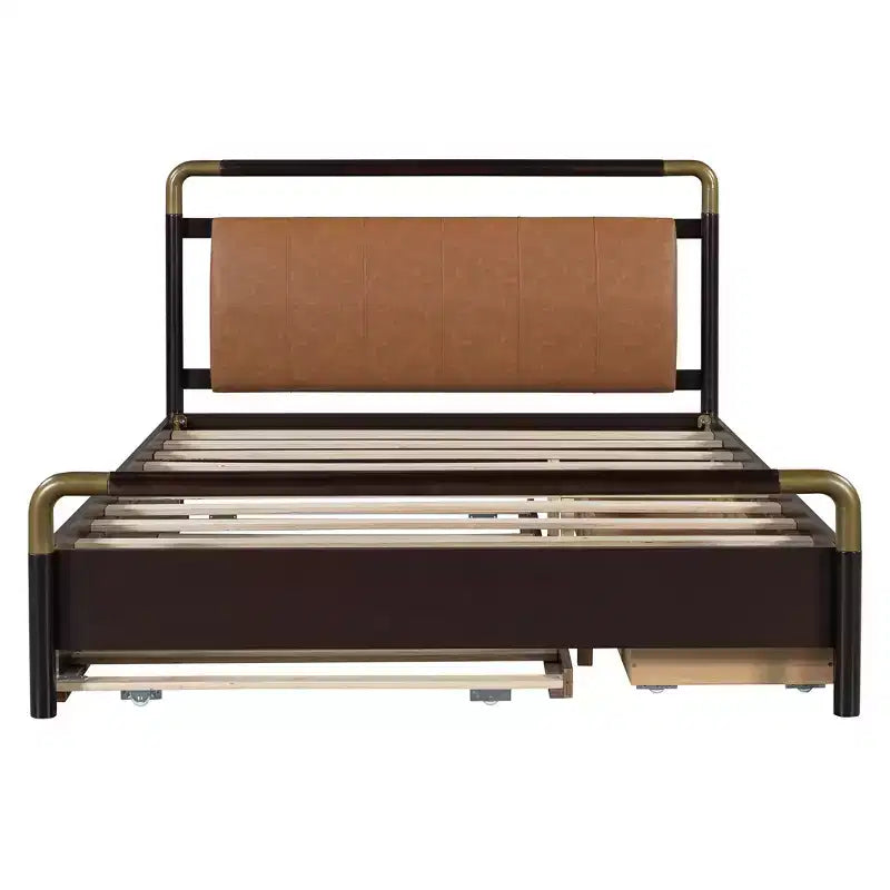 Lit plateforme de rangement Queen avec 2 tiroirs, lit gigogne T-XL et tête de lit rembourrée en PU, blanc/noyer