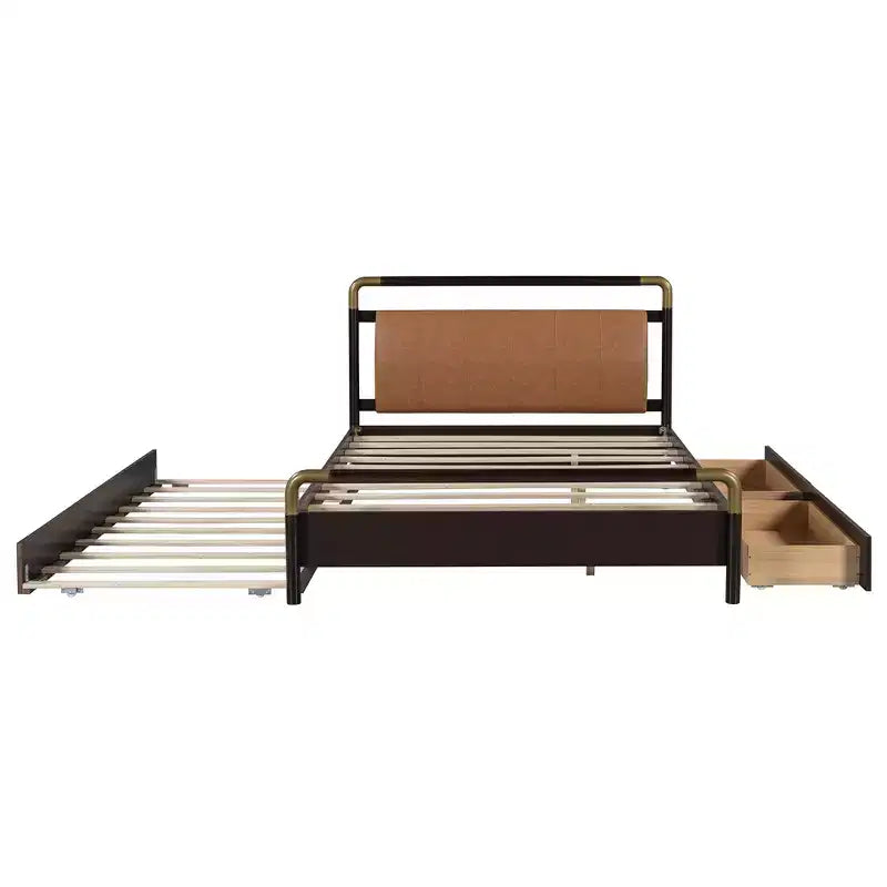 Lit plateforme de rangement Queen avec 2 tiroirs, lit gigogne T-XL et tête de lit rembourrée en PU, blanc/noyer