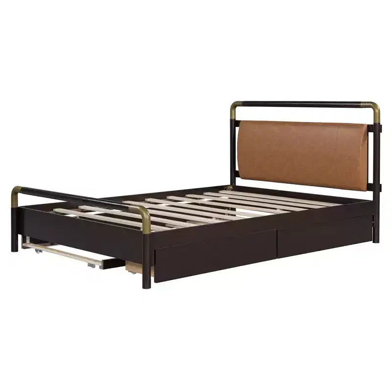 Lit plateforme de rangement Queen avec 2 tiroirs, lit gigogne T-XL et tête de lit rembourrée en PU, blanc/noyer