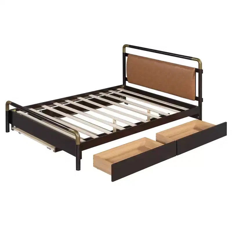 Lit plateforme de rangement Queen avec 2 tiroirs, lit gigogne T-XL et tête de lit rembourrée en PU, blanc/noyer