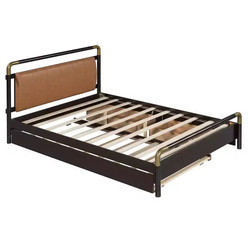 Lit plateforme de rangement Queen avec 2 tiroirs, lit gigogne T-XL et tête de lit rembourrée en PU, blanc/noyer