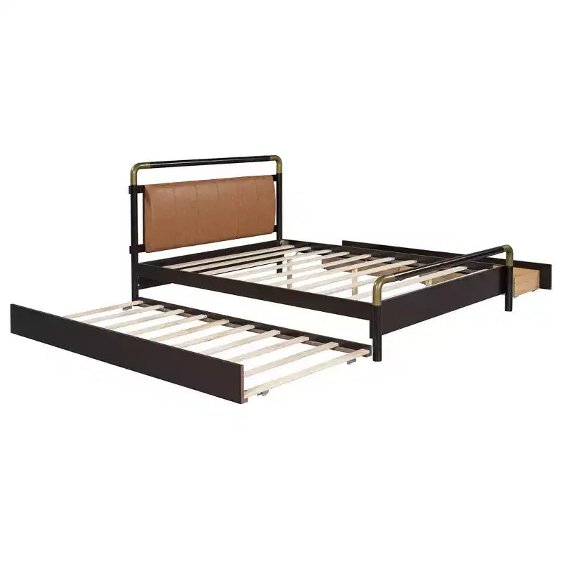 Lit plateforme de rangement Queen avec 2 tiroirs, lit gigogne T-XL et tête de lit rembourrée en PU, blanc/noyer