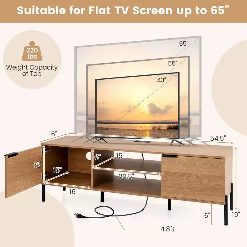 Meuble TV 2 portes avec station de charge, Centre de divertissement multimédia pour téléviseurs jusqu'à 65 po