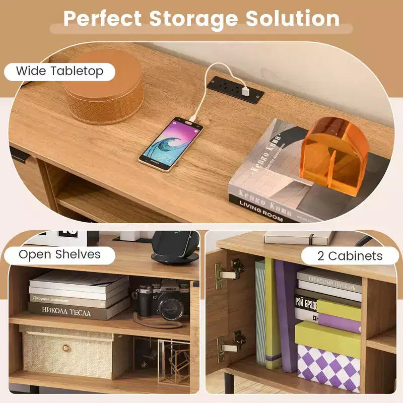 Meuble TV 2 portes avec station de charge, Centre de divertissement multimédia pour téléviseurs jusqu'à 65 po