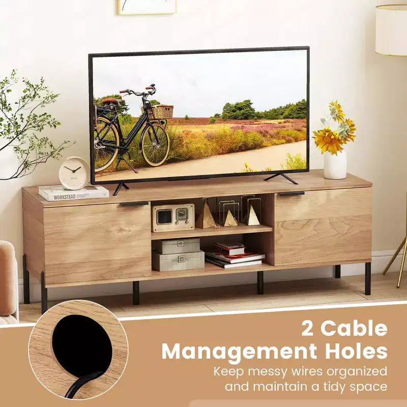 Meuble TV 2 portes avec station de charge, Centre de divertissement multimédia pour téléviseurs jusqu'à 65 po