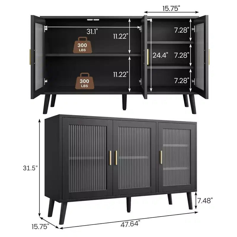Buffet vaisselier, buffet noir de 121 cm, buffet de cuisine moderne avec porte vitrée et étagères amovibles