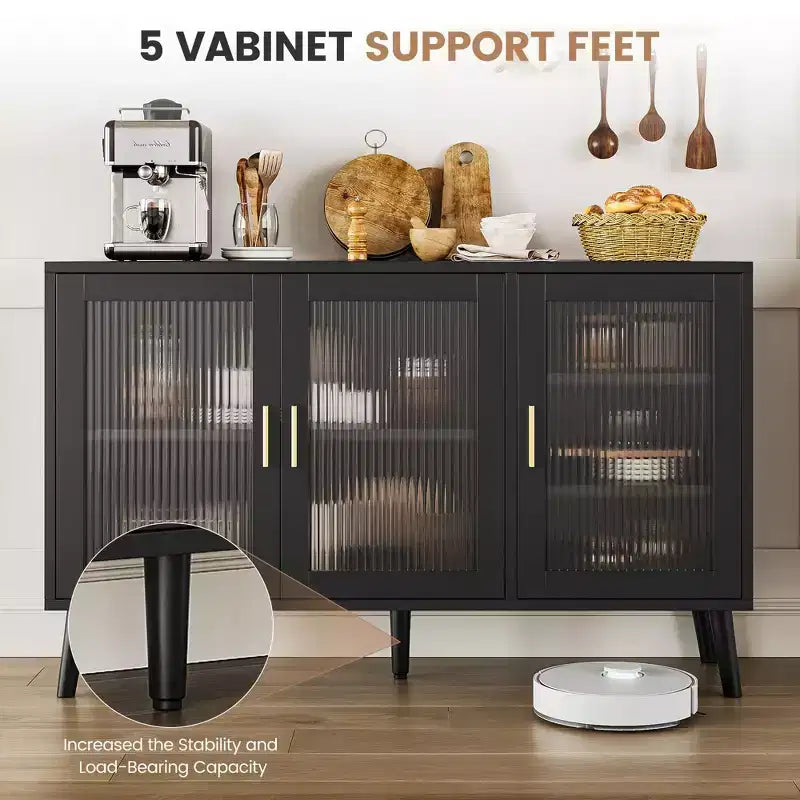 Buffet vaisselier, buffet noir de 121 cm, buffet de cuisine moderne avec porte vitrée et étagères amovibles