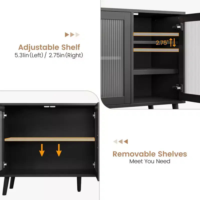 Buffet vaisselier, buffet noir de 121 cm, buffet de cuisine moderne avec porte vitrée et étagères amovibles