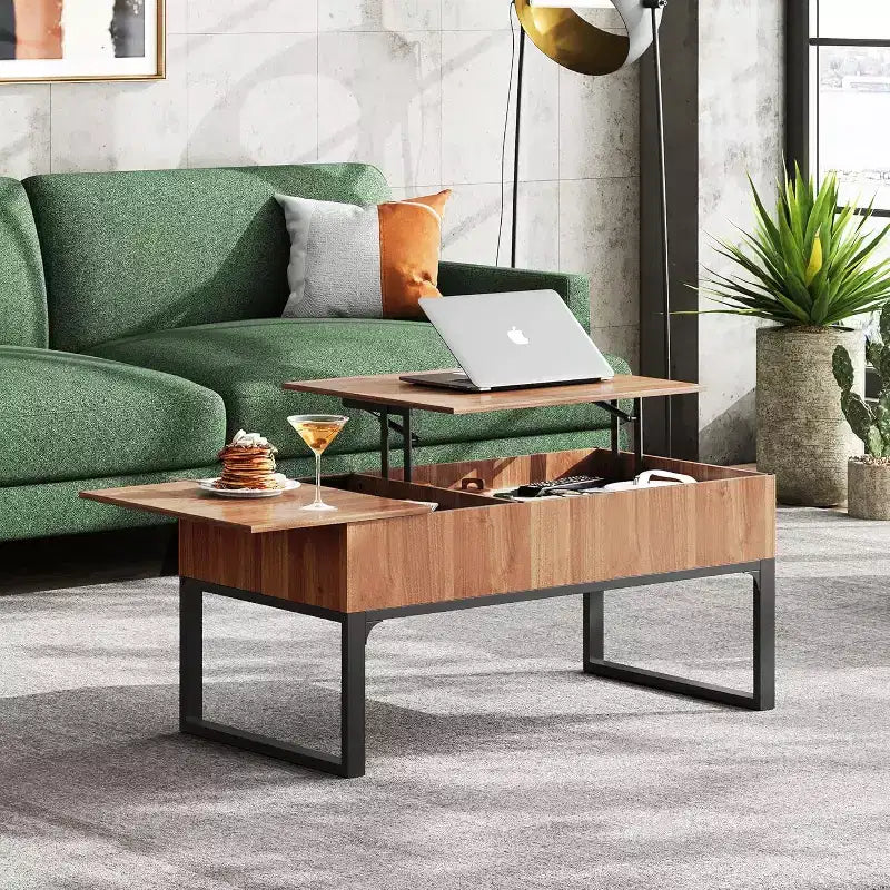 Table basse relevable avec rangement, table centrale en bois 103,9 cm, chêne noyer