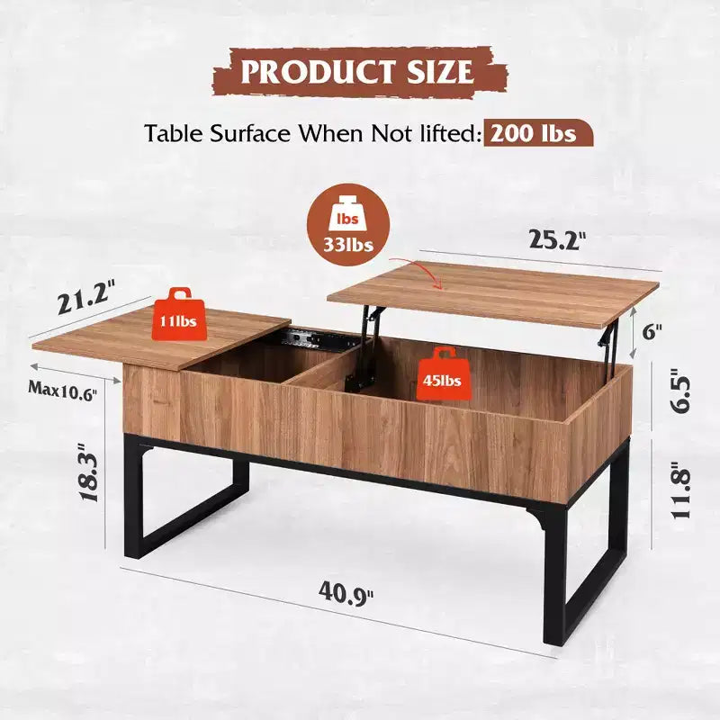 Table basse relevable avec rangement, table centrale en bois 103,9 cm, chêne noyer