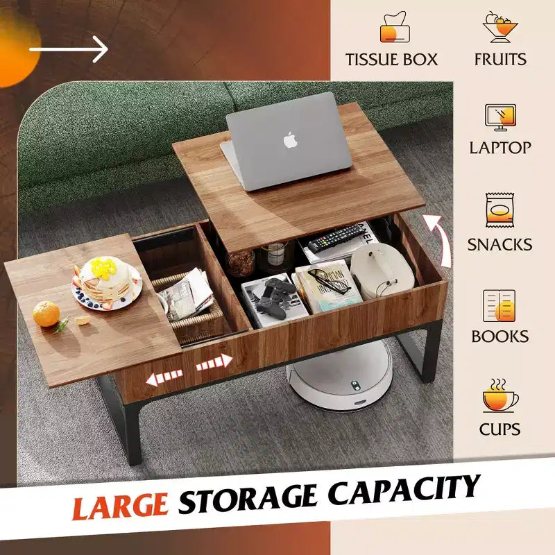 Table basse relevable avec rangement, table centrale en bois 103,9 cm, chêne noyer
