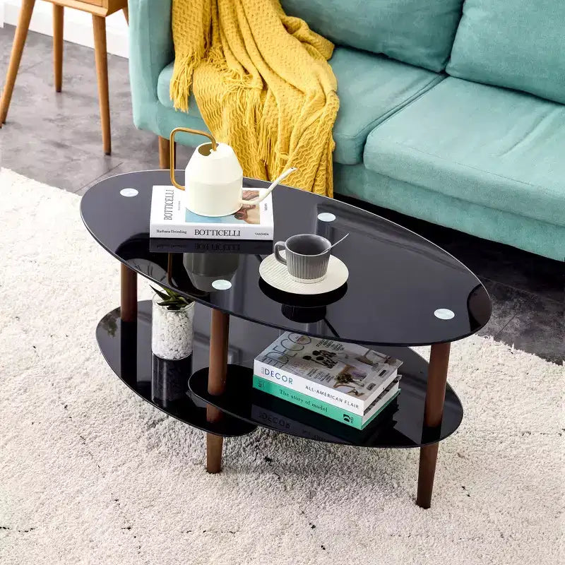 Table basse ovale en verre, table d'appoint moderne pour salon, plateau transparent/noir