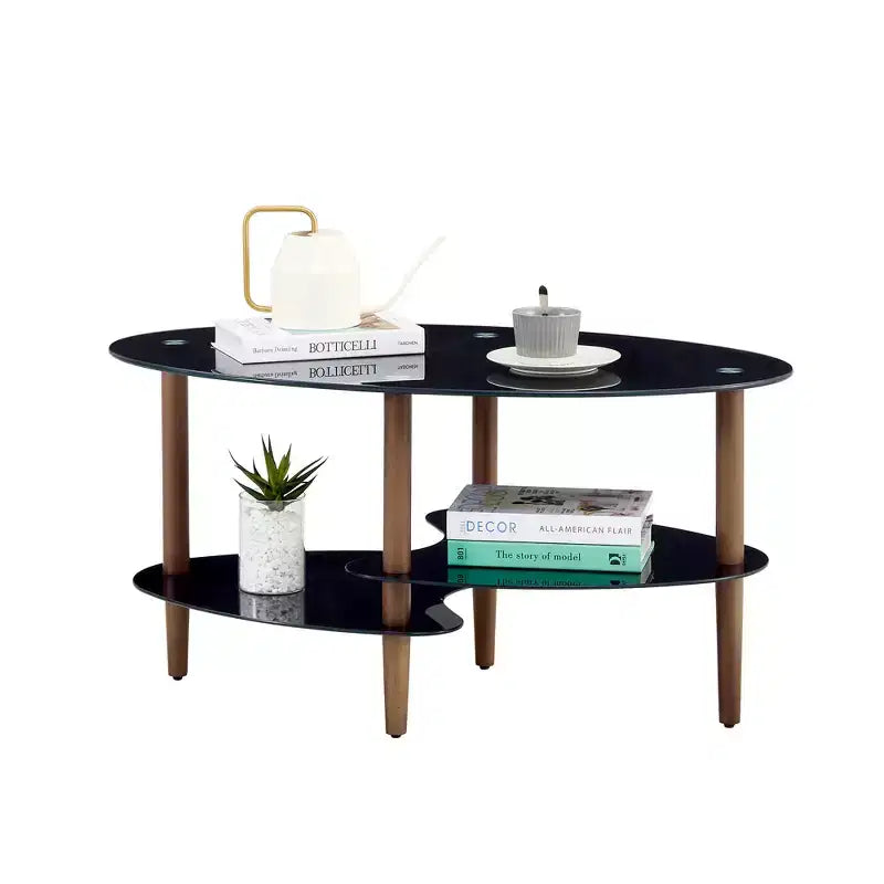 Table basse ovale en verre, table d'appoint moderne pour salon, plateau transparent/noir