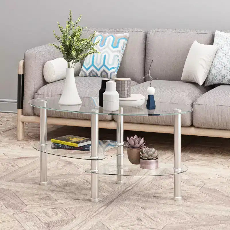 Table basse ovale en verre, table d'appoint moderne pour salon, plateau transparent/noir