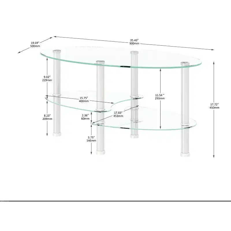 Table basse ovale en verre, table d'appoint moderne pour salon, plateau transparent/noir