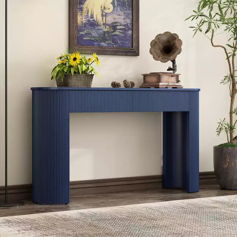 Console moderne avec motif cannelé, plateau ovale et 2 tiroirs pour entrée et salon