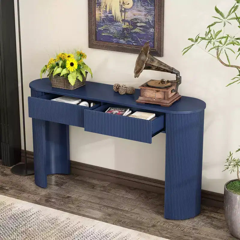 Console moderne avec motif cannelé, plateau ovale et 2 tiroirs pour entrée et salon