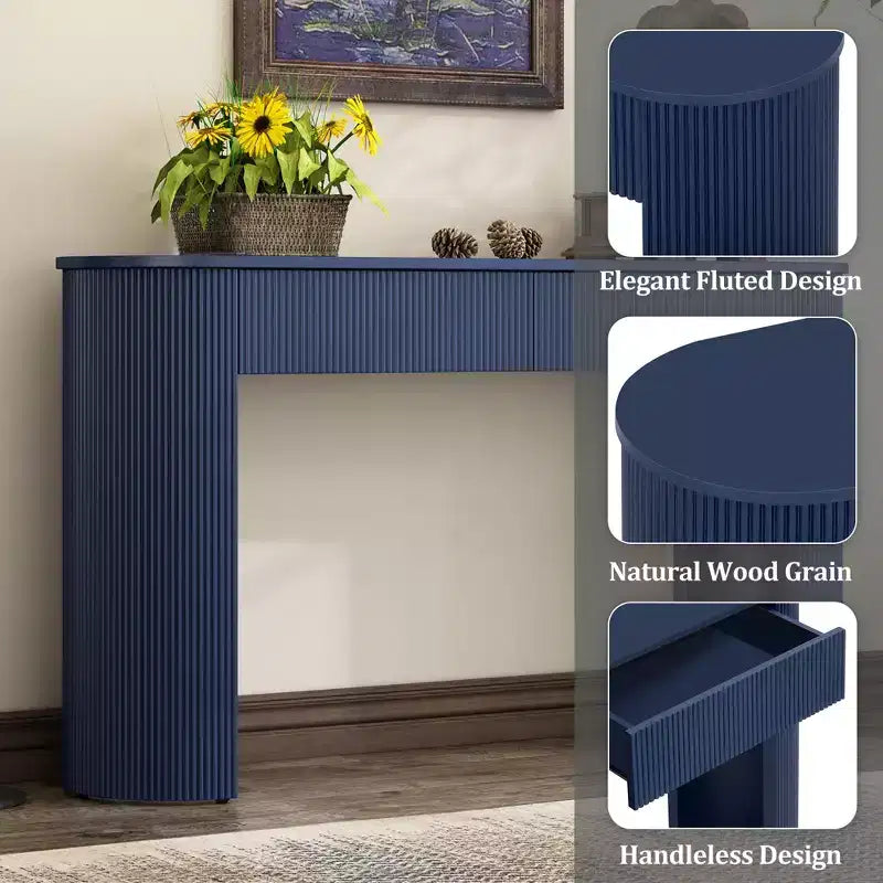 Console moderne avec motif cannelé, plateau ovale et 2 tiroirs pour entrée et salon