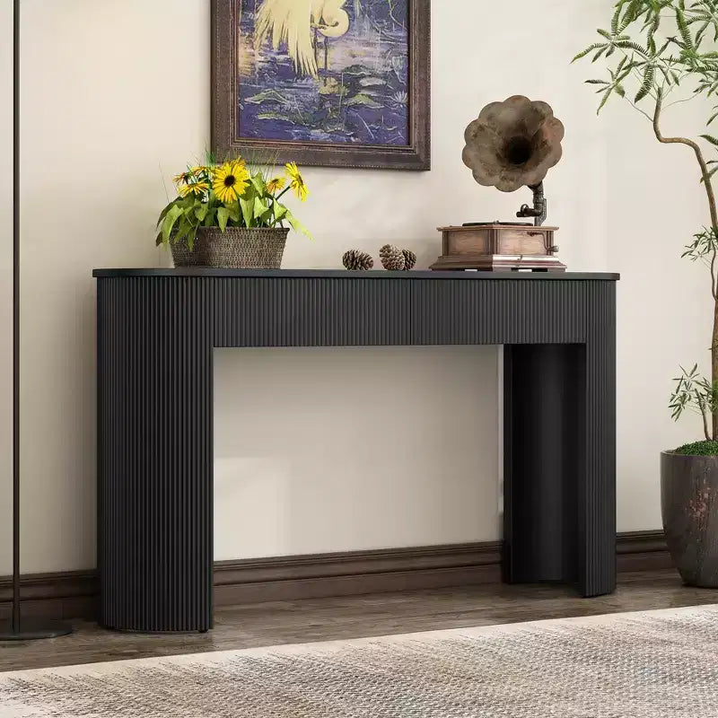 Console moderne avec motif cannelé, plateau ovale et 2 tiroirs pour entrée et salon
