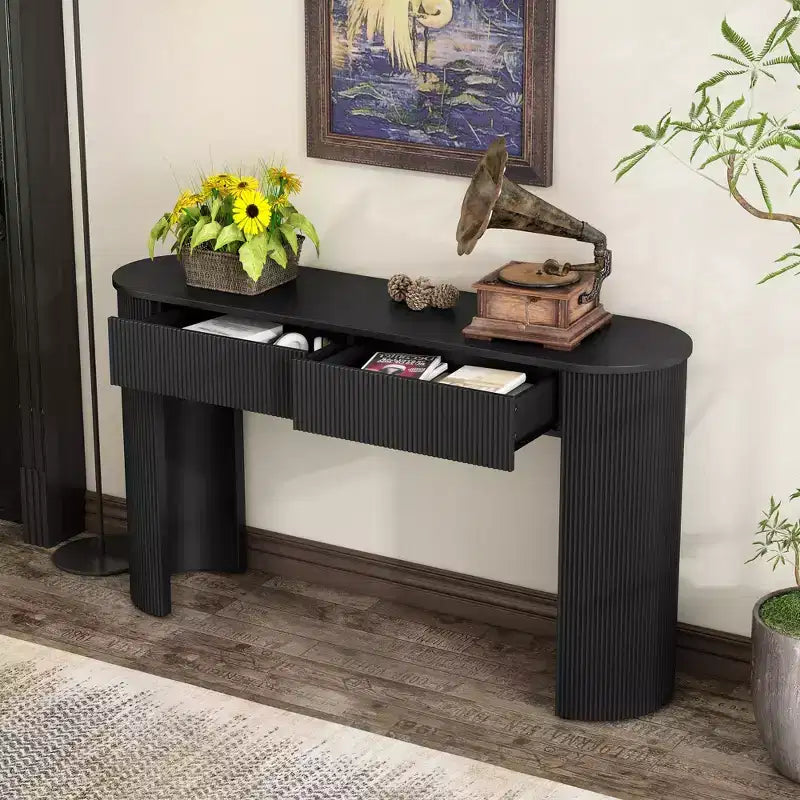 Console moderne avec motif cannelé, plateau ovale et 2 tiroirs pour entrée et salon