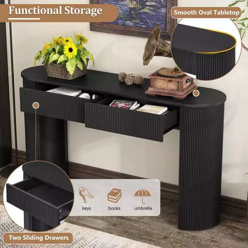 Console moderne avec motif cannelé, plateau ovale et 2 tiroirs pour entrée et salon