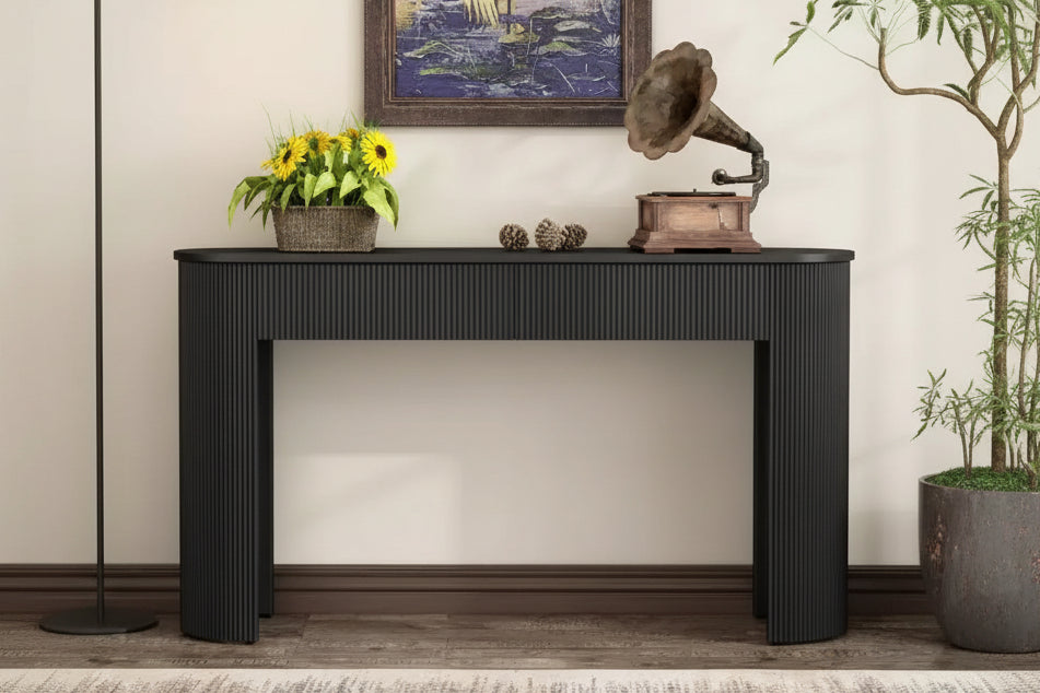 Clihome Entryway Table with Fluted Design, Modern Console Table with Storage, Oval Top and 2 Drawers for Entryway and Living Room