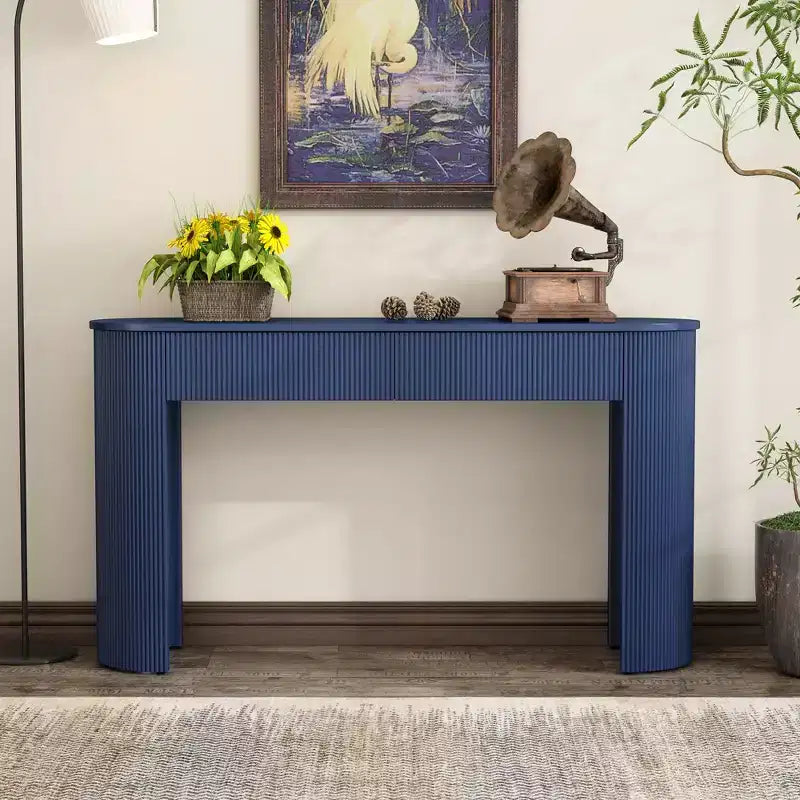 Console moderne avec motif cannelé, plateau ovale et 2 tiroirs pour entrée et salon