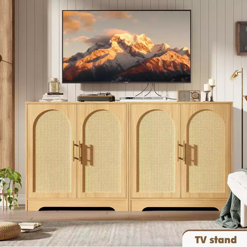 Buffet bahut moderne avec 2 portes en rotin, console de rangement pour salon