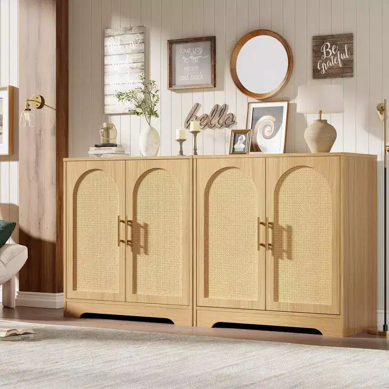 Buffet bahut moderne avec 2 portes en rotin, console de rangement pour salon