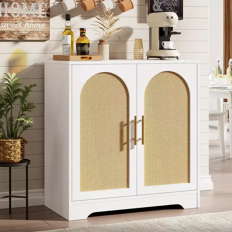 Buffet bahut moderne avec 2 portes en rotin, console de rangement pour salon