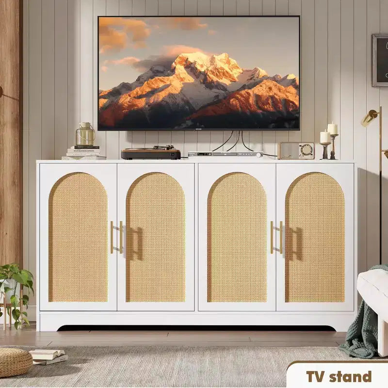 Buffet bahut moderne avec 2 portes en rotin, console de rangement pour salon