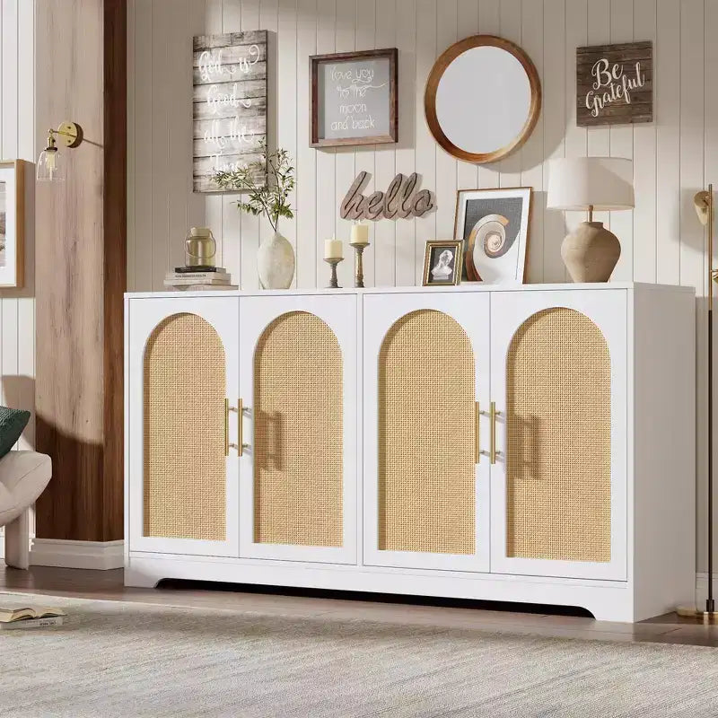 Buffet bahut moderne avec 2 portes en rotin, console de rangement pour salon