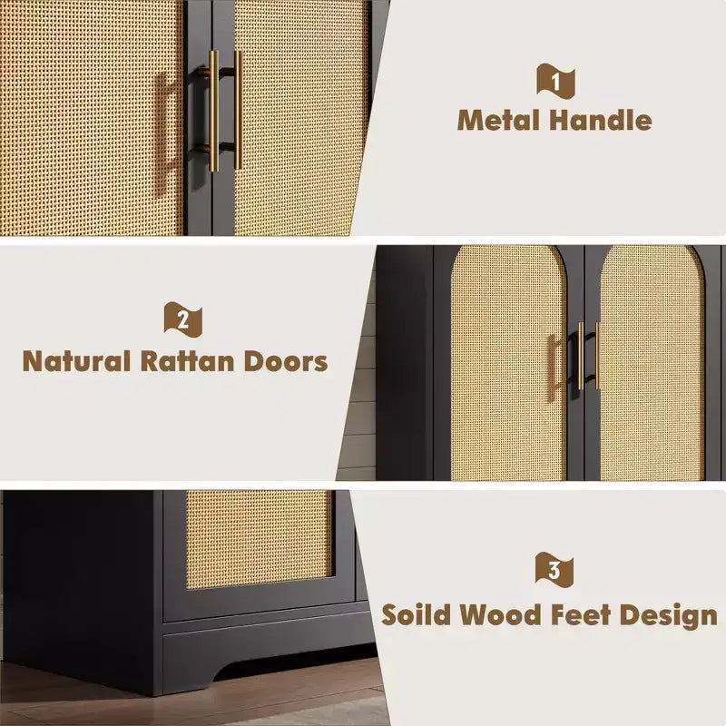 Buffet bahut moderne avec 2 portes en rotin, console de rangement pour salon