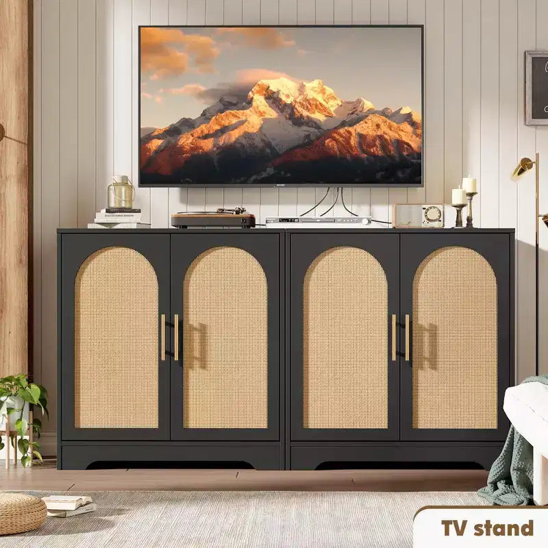 Buffet bahut moderne avec 2 portes en rotin, console de rangement pour salon