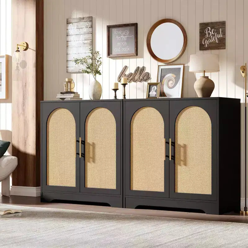 Buffet bahut moderne avec 2 portes en rotin, console de rangement pour salon
