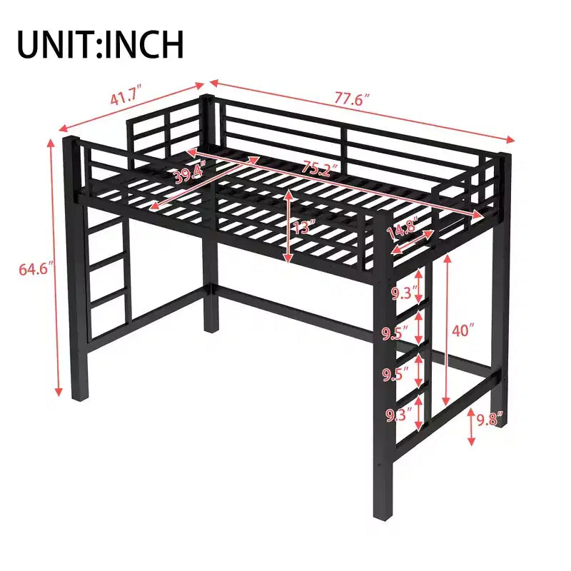 Lit mezzanine en métal une place avec échelle et barrière de sécurité arquée, peu encombrant, pas besoin de sommier tapissier, rose