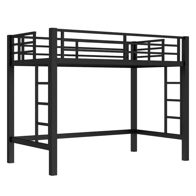 Lit mezzanine en métal une place avec échelle et barrière de sécurité arquée, peu encombrant, pas besoin de sommier tapissier, rose