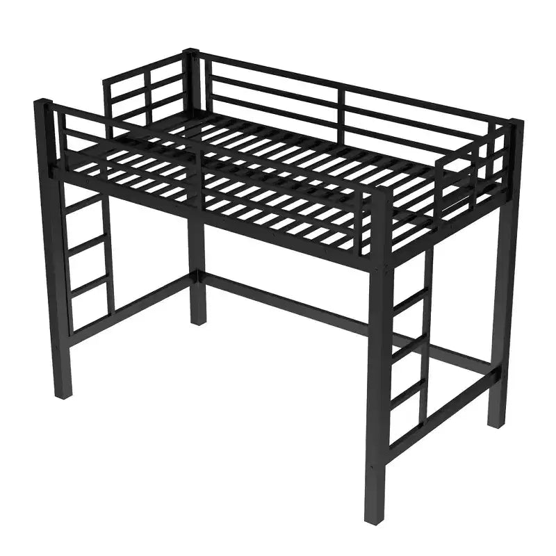 Lit mezzanine en métal une place avec échelle et barrière de sécurité arquée, peu encombrant, pas besoin de sommier tapissier, rose