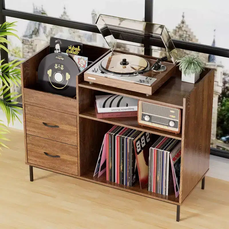 Meuble de rangement pour disques de style médiéval moderne avec tiroirs, peut contenir plus de 500 albums, armoire audio en bois et métal