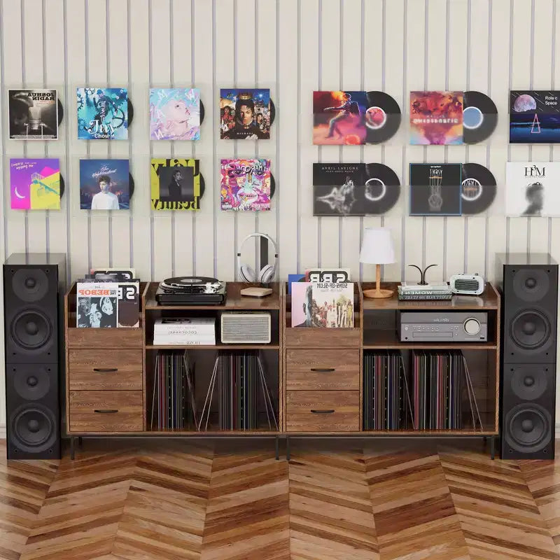 Meuble de rangement pour disques de style médiéval moderne avec tiroirs, peut contenir plus de 500 albums, armoire audio en bois et métal