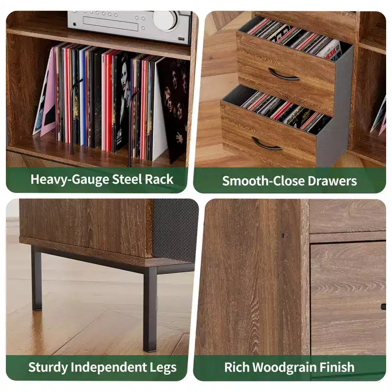 Meuble de rangement pour disques de style médiéval moderne avec tiroirs, peut contenir plus de 500 albums, armoire audio en bois et métal