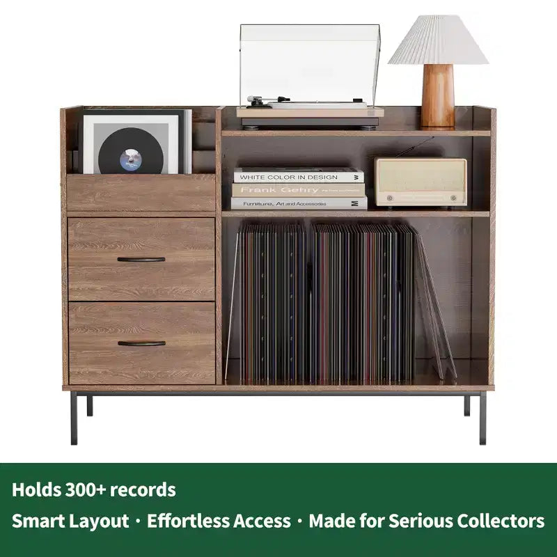 Meuble de rangement pour disques de style médiéval moderne avec tiroirs, peut contenir plus de 500 albums, armoire audio en bois et métal